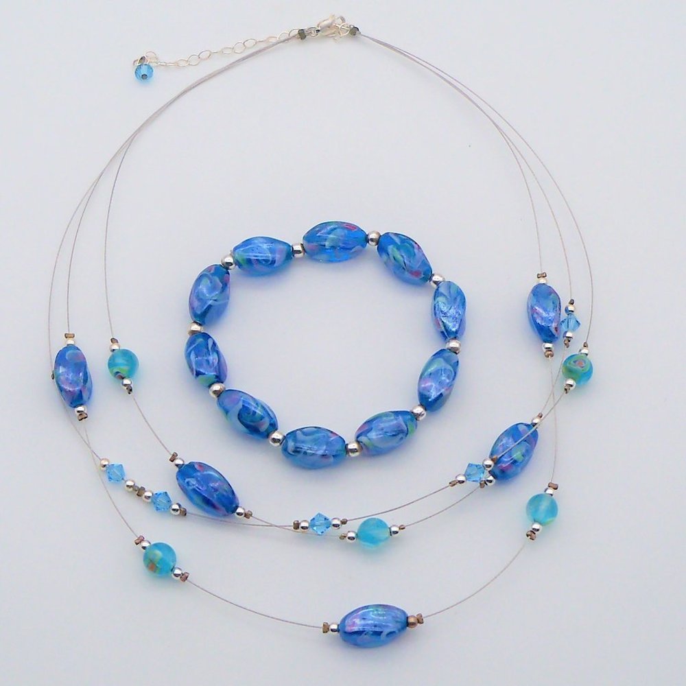 Blue Glass Bead Sterling Silver Choker and Bracelet Set